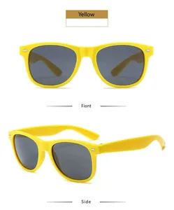 Front and side views of classic yellow retro sunglasses with grey lenses and rivets.