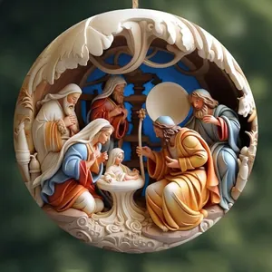 Retro Nativity Scene Car Pendant Acrylic Ornament 3D Visual Effect Religious Christmas Hanging Decoration For Rear View Mirror Home Tree