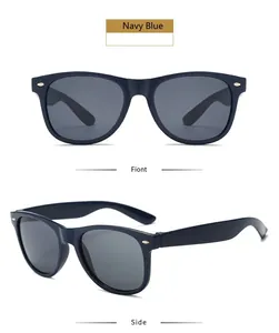 Front and side views of classic navy blue sunglasses with silver rivet details