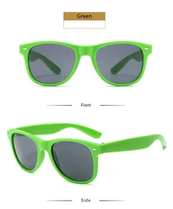 Detailed macro view of retro candy green sunglasses showing both front and side angles