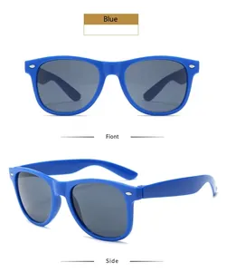 Detail showing blue retro sunglasses with classic rice rivets from multiple angles.
