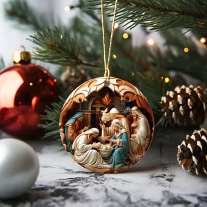 Nativity Scene acrylic Christmas ornament with 3D carved effect hanging on tree