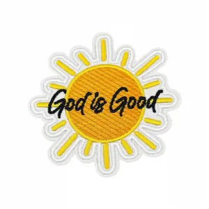 Sun shaped yellow embroidered patch with God is Good text for clothing decoration