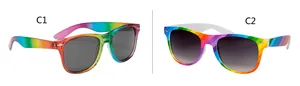 Detailed view of two vibrant rainbow patterned sunglasses styles labeled C1 and C2