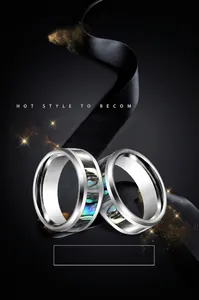 Detail of tungsten ring with colorful abalone shell inlay on black silk background