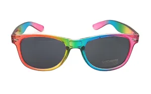 Detailed view of the vibrant rainbow gradient frame sunglasses with dark lenses