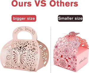 Pink wedding candy boxes comparison with laser-cut butterfly and elegant floral designs.