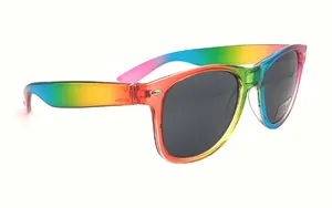 Macro view of vibrant rainbow gradient frame sunglasses with classic dark lenses