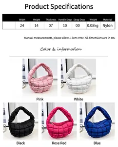 Detailed size parameters and color options for the puffy quilted nylon handbag