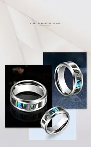 Detailed close-up view of silver tungsten steel ring featuring iridescent abalone shell inlay