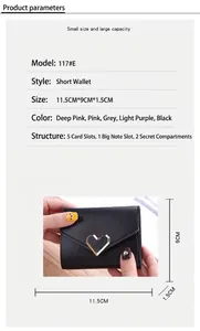 Detailed product size chart of a small vintage trifold wallet with heart buckle