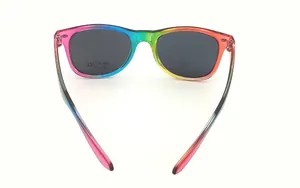 Detail view of rainbow frame sunglasses with dark lenses and UV 400 protection mark