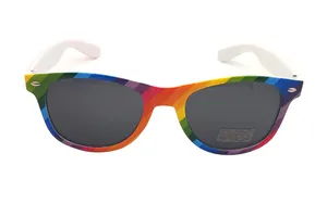 Front view detail of rainbow striped sunglasses with white temples and dark lenses