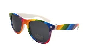 Detail shot of rainbow striped sunglasses with dark lenses and white interior frames