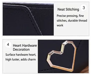Detailed view of the precise stitching and golden heart-shaped metal charm on black wallet