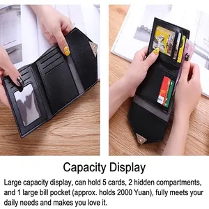 Detail view of the interior capacity and compartments of the black tri-fold wallet