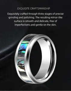 Detailed macro view of a polished tungsten ring featuring an abalone shell inlay.