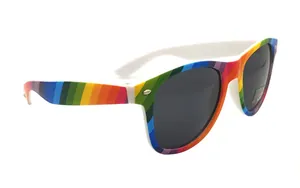 Close-up side view of retro rainbow striped sunglasses featuring protective dark lenses