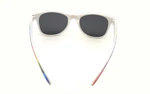 A detailed rear view of white sunglasses featuring vibrant rainbow striped temples design.