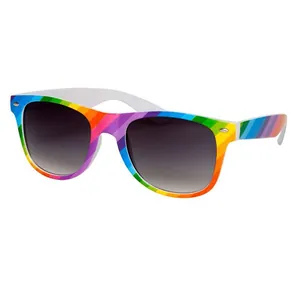 Vibrant rainbow striped sunglasses with dark lenses for promotional gifts and parties.