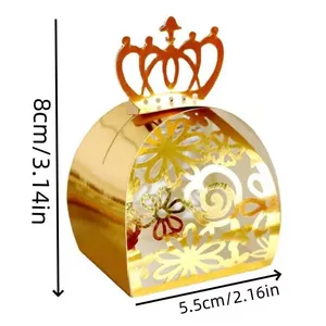 Golden laser-cut wedding candy box with crown detail and dimensions 8cm by 5.5cm