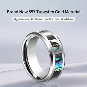 Polished tungsten steel ring with vibrant abalone shell inlay for men and women