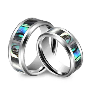 Tungsten steel couple ring set featuring colorful abalone shell inlay and polished edges