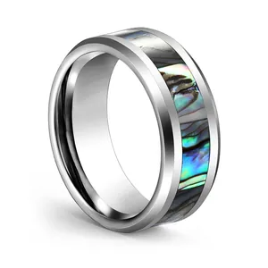 Polished tungsten steel ring featuring a colorful abalone shell inlay for men and women