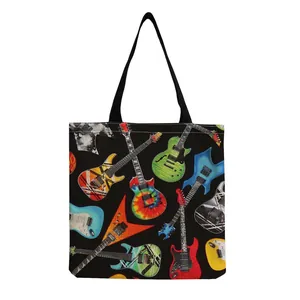 Durable canvas tote bag with a vibrant electric guitar print on a black background