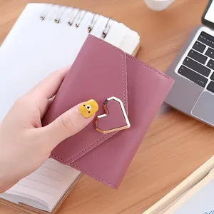 Retro Heart Buckle Women Small Trifold Wallet PU Leather Short Coin Purse For Students Daily Use Vintage Sweet Wallet