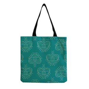 Detailed view of a teal large capacity tote bag with unique heart eye pattern print