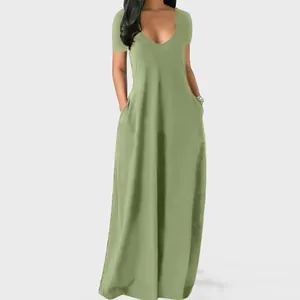 Casual solid olive green maxi dress featuring a deep V-neck and functional pockets