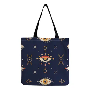 Close-up of a navy blue tote bag featuring detailed mystical evil eye and occult patterns