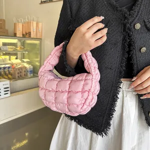 Stylish pink quilted mini cloud bag with puffy padding for women's casual wear