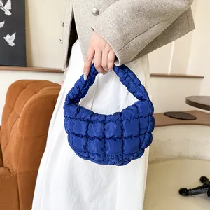 Blue quilted cloud handbag with padded down cotton texture for women's leisure fashion