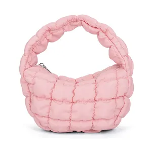 Stylish pink quilted cloud bag mini handbag with pleated grid pattern and soft cotton padding