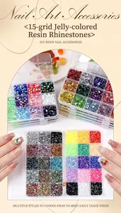 Close-up of 15-grid jelly color resin flat-back rhinestones for nail art and DIY