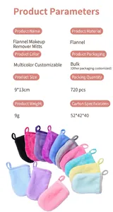 Detailed view of colorful soft flannel makeup remover gloves with size and weight specs