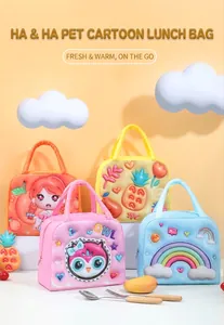 Set of four colorful 3D cartoon insulated lunch bags for students and office workers