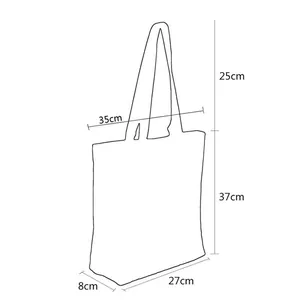 Detailed dimension schematic for a tote bag showing height, width, and strap length