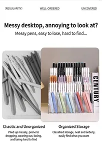 Comparison of messy desk versus organized acrylic pen stand for stationery storage