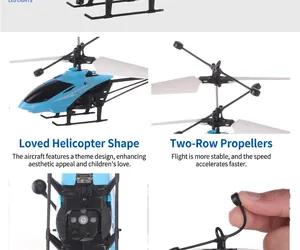 Detailed view of blue induction toy helicopter featuring double rotors and LED light design