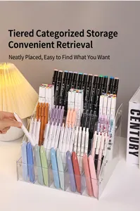 Clear acrylic tiered pen organizer for desktop stationery storage and display rack.