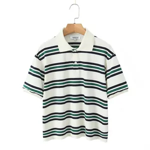 Classic retro striped short sleeve polo shirt featuring green and navy horizontal bands