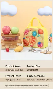 Detailed product specs of the 3D cartoon lunch bag showing size and high-quality fabric.