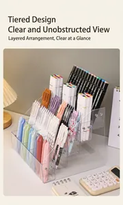 Detailed macro view of clear tiered acrylic desk organizer filled with colorful markers