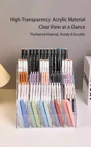 Detailed view of a multi-tier clear acrylic pen organizer filled with markers
