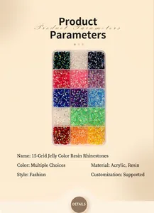 Detailed view of a 15-grid set of colorful resin flat-back rhinestones for DIY craft projects