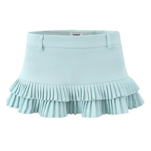 Elegant light blue low-waist pleated mini skirt featuring double tiered ruffle design