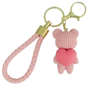Creative pink woven heart bear keychain with braided leather lanyard for bags and keys